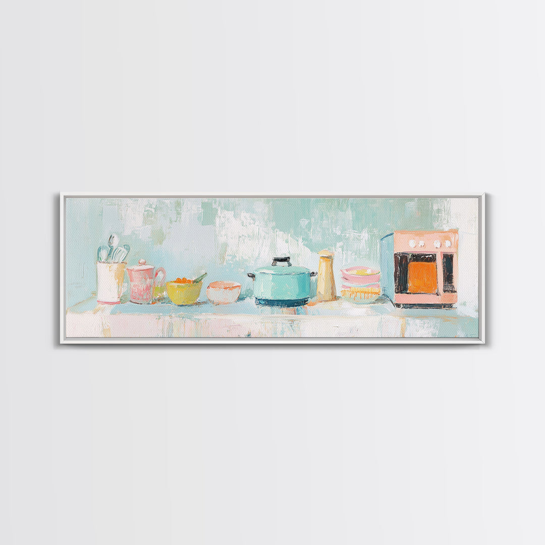 Pastel Kitchen Counter Canvas Print, Cozy Kitchen Wall Art, Modern Farmhouse Decor, Whimsical Cooking Art For Dining Room