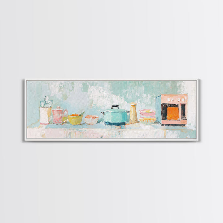 Pastel Kitchen Counter Canvas Print, Cozy Kitchen Wall Art, Modern Farmhouse Decor, Whimsical Cooking Art For Dining Room