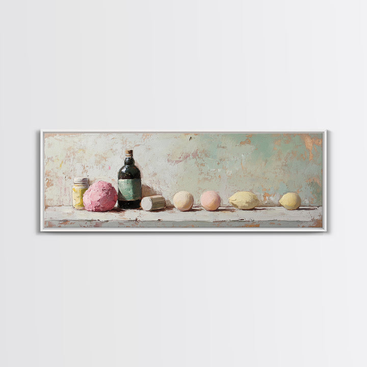 Pastel Bath Bombs And Bottles Wall Art, Spa Bathroom Decor, Apothecary Still Life, Feminine Canvas Print, Gift For Her, Home Decor
