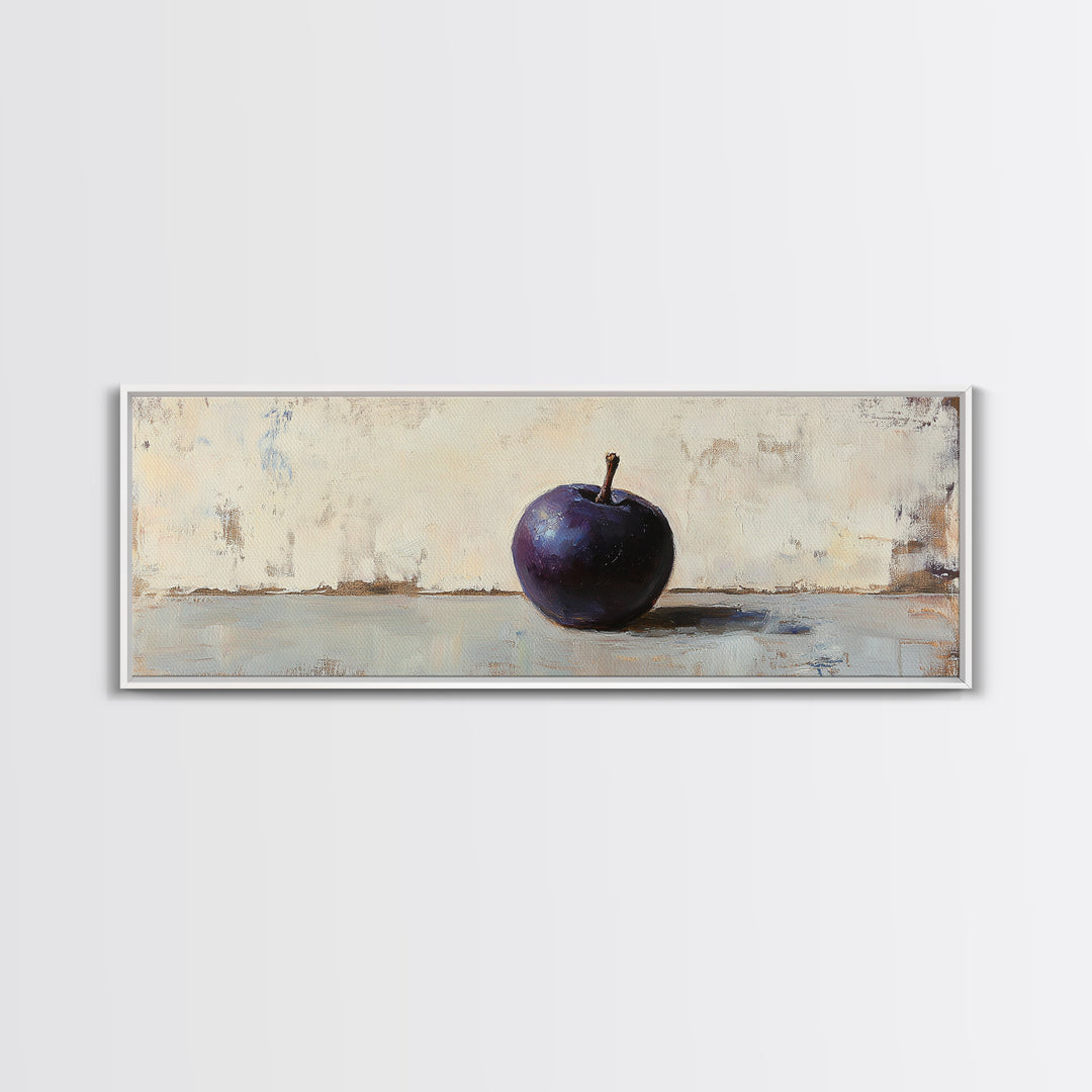 Single Purple Plum Still Life Wall Art, Minimalist Kitchen Decor, Moody Fruit Painting, Rustic Canvas Print For Dining Room