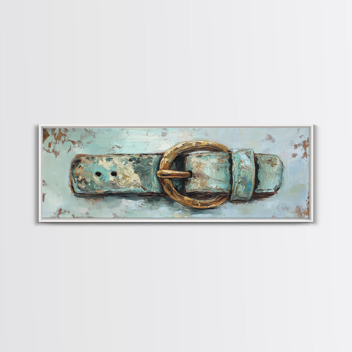 Weathered Turquoise Belt Buckle Wall Art, Western Cowboy Canvas Print, Rustic Farmhouse Decor, Man Cave And Entryway Decor