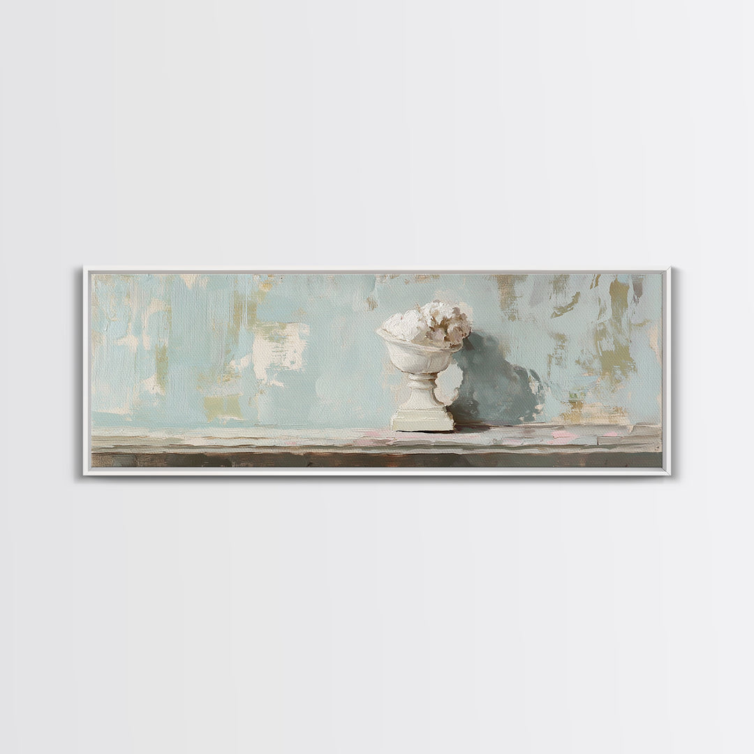 White Floral Urn Still Life Framed Canvas Print, Minimalist Wall Art, Neutral Calming Bathroom Decor, Wabi Sabi Home Decor