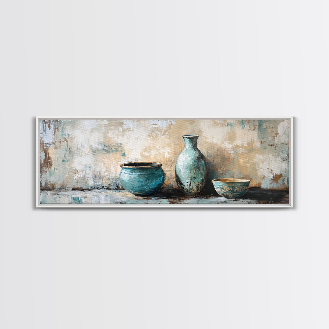 Turquoise Ceramic Vessels Still Life, Rustic Neutral Framed Canvas Print, Kitchen Wall Art, Modern Farmhouse Housewarming Gift