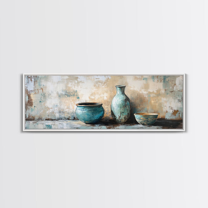 Turquoise Ceramic Vessels Still Life, Rustic Neutral Framed Canvas Print, Kitchen Wall Art, Modern Farmhouse Housewarming Gift