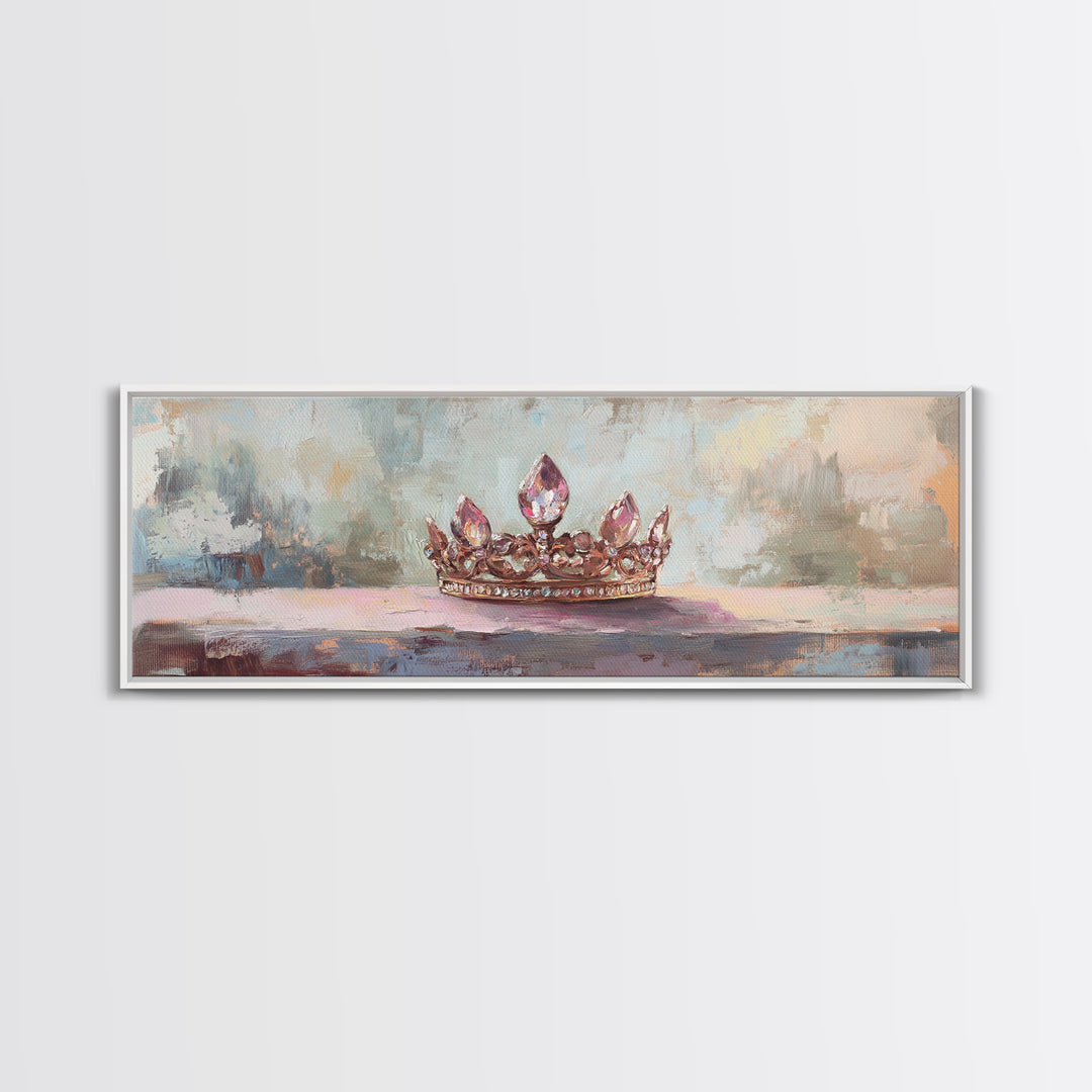Jeweled Princess Crown Still Life Framed Canvas Print, Feminine Wall Art, Romantic Bedroom Decor, Coquette Room Decor Gift For Her