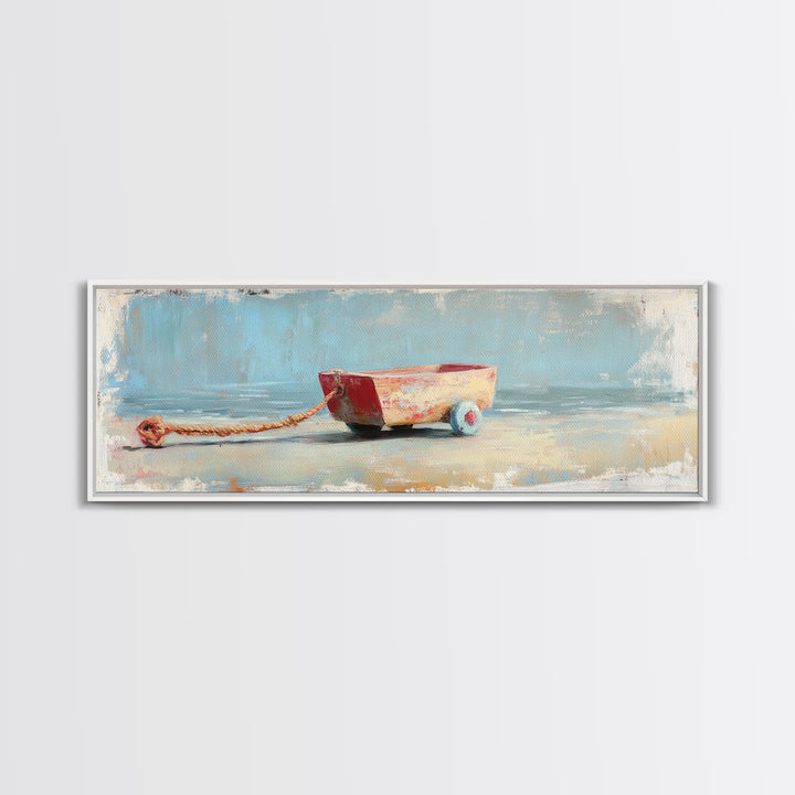 Small Red Toy Boat With Rope Framed Canvas Print, Nautical Wall Art, Coastal Nursery Decor, Beach House Gift For Kids Room Decor