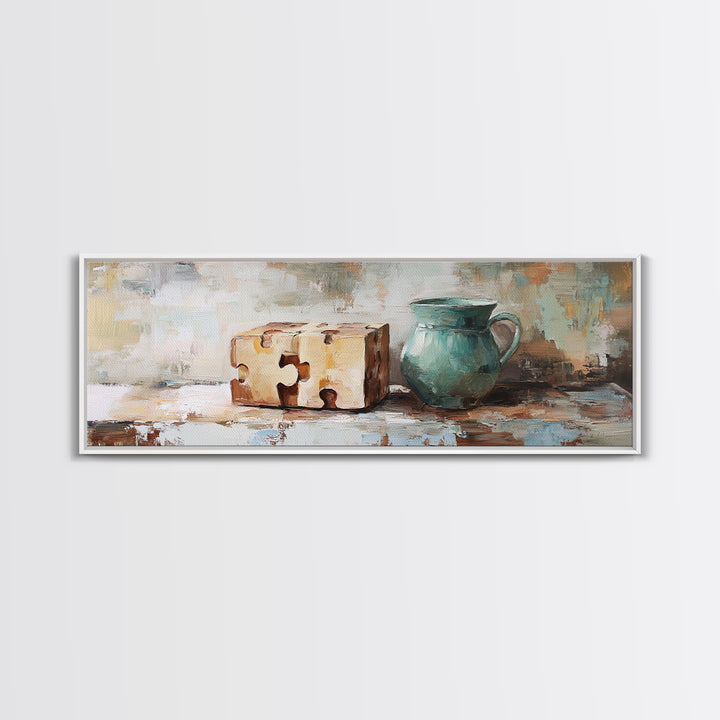 Teal Pitcher And Puzzle Pieces Still Life Canvas Print, Rustic Wall Art, Quirky Kitchen Decor, Unique Housewarming Gift For Her
