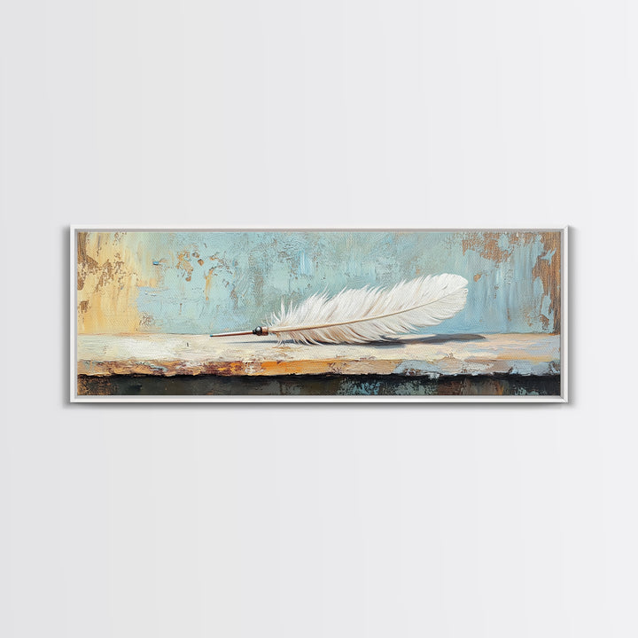 White Feather Still Life On Blue Canvas Print, Boho Wall Art, Minimalist Nature Decor, Peaceful Bedroom Decor Gift For Her