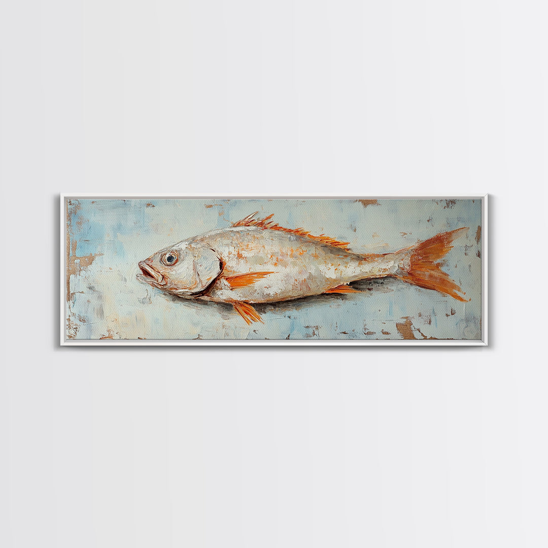 Textured Silver Fish Coastal Wall Art, Nautical Kitchen Decor, Seafood Painting Print, Beach House Ocean Art, Rustic Canvas