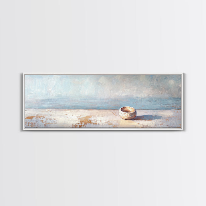 Tiny Ceramic Bowl On Blue Ledge Wall Art, Minimalist Coastal Decor, Neutral Still Life Print, Calm Japandi Home Decor Art