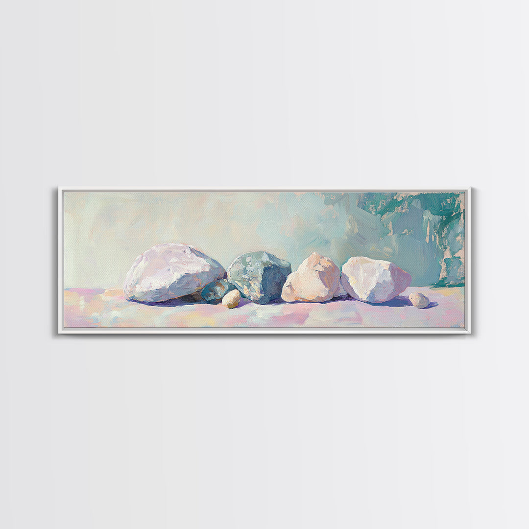 Pastel Stone Still Life Wall Art, Neutral Coastal Canvas Print, Minimalist Nature Decor, Serene Living Room Wall Decor Prints