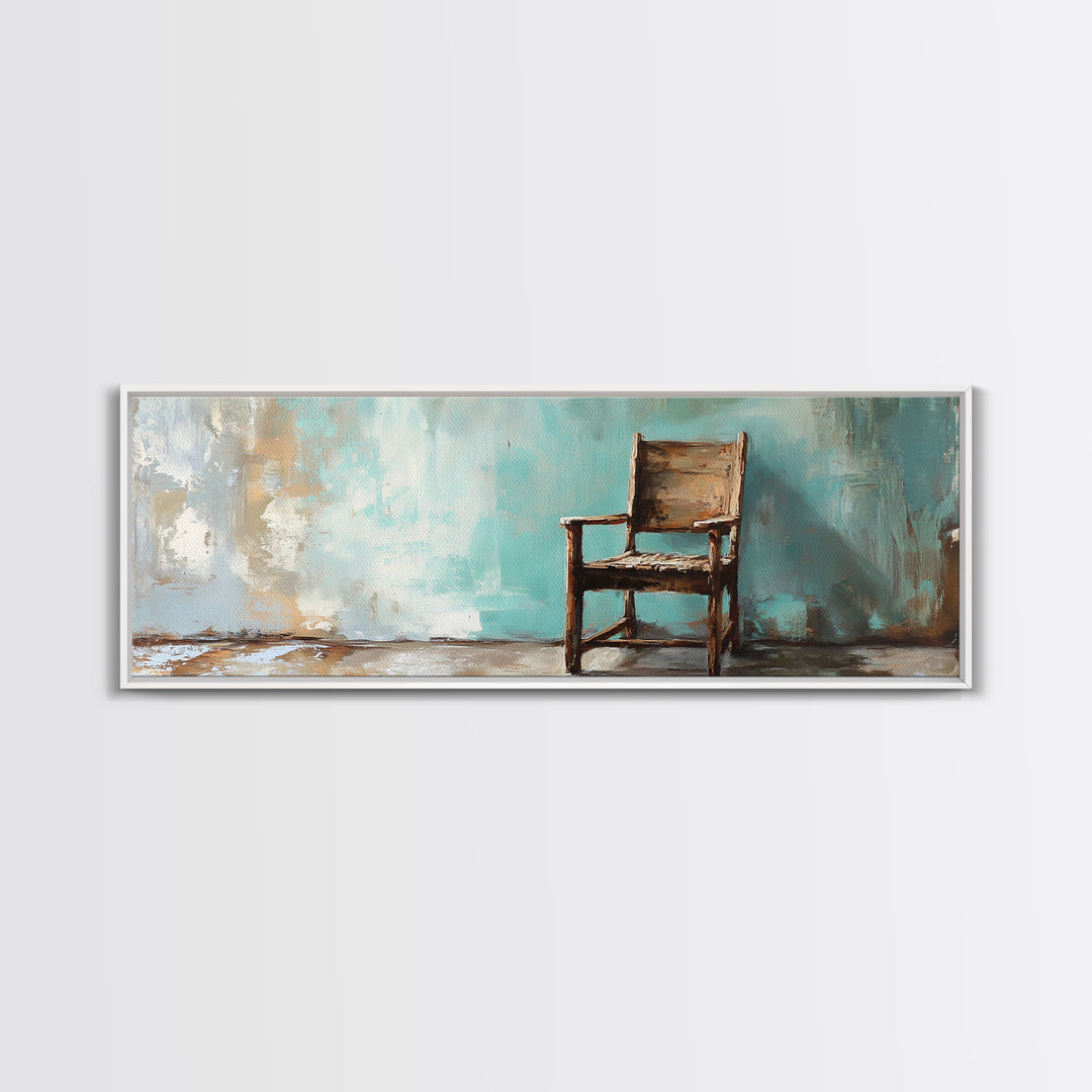 Rustic Empty Chair Wall Art, Moody Minimalist Framed Canvas Print, Wabi Sabi Office Decor, Neutral Living Room Wall Decor