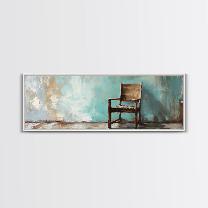 Rustic Empty Chair Wall Art, Moody Minimalist Framed Canvas Print, Wabi Sabi Office Decor, Neutral Living Room Wall Decor