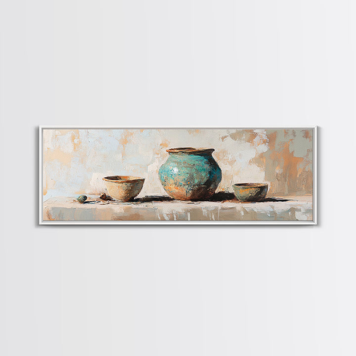 Turquoise Pottery Still Life Wall Art, Rustic Kitchen Decor, Farmhouse Canvas Print, Neutral Dining Room Art Print Gift Idea