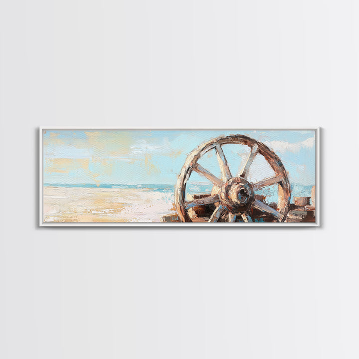 Weathered Wagon Wheel Wall Art, Coastal Beach Decor, Rustic Nautical Canvas Print, Beach House Wall Decor, Large Seascape Gift