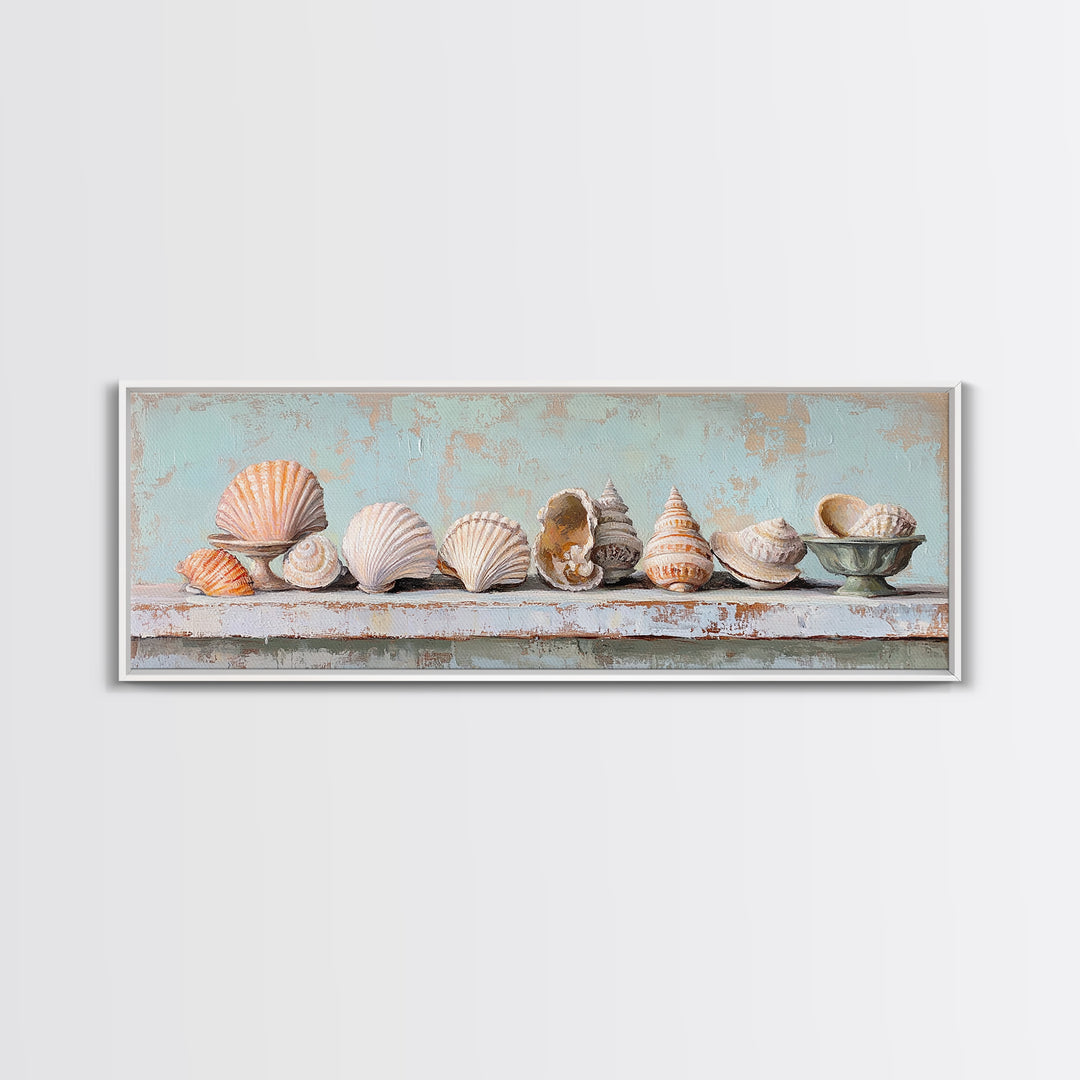 Pastel Seashell Shelf Still Life Framed Canvas Print, Coastal Wall Art, Beach House Decor, Nautical Bathroom Wall Decor, Ocean Print