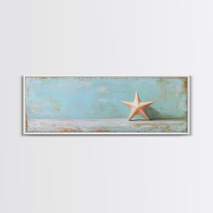 Single Starfish On Weathered Blue Shelf Wall Art, Minimalist Coastal Decor, Beach House Bathroom Canvas Print, Ocean Wall Decor