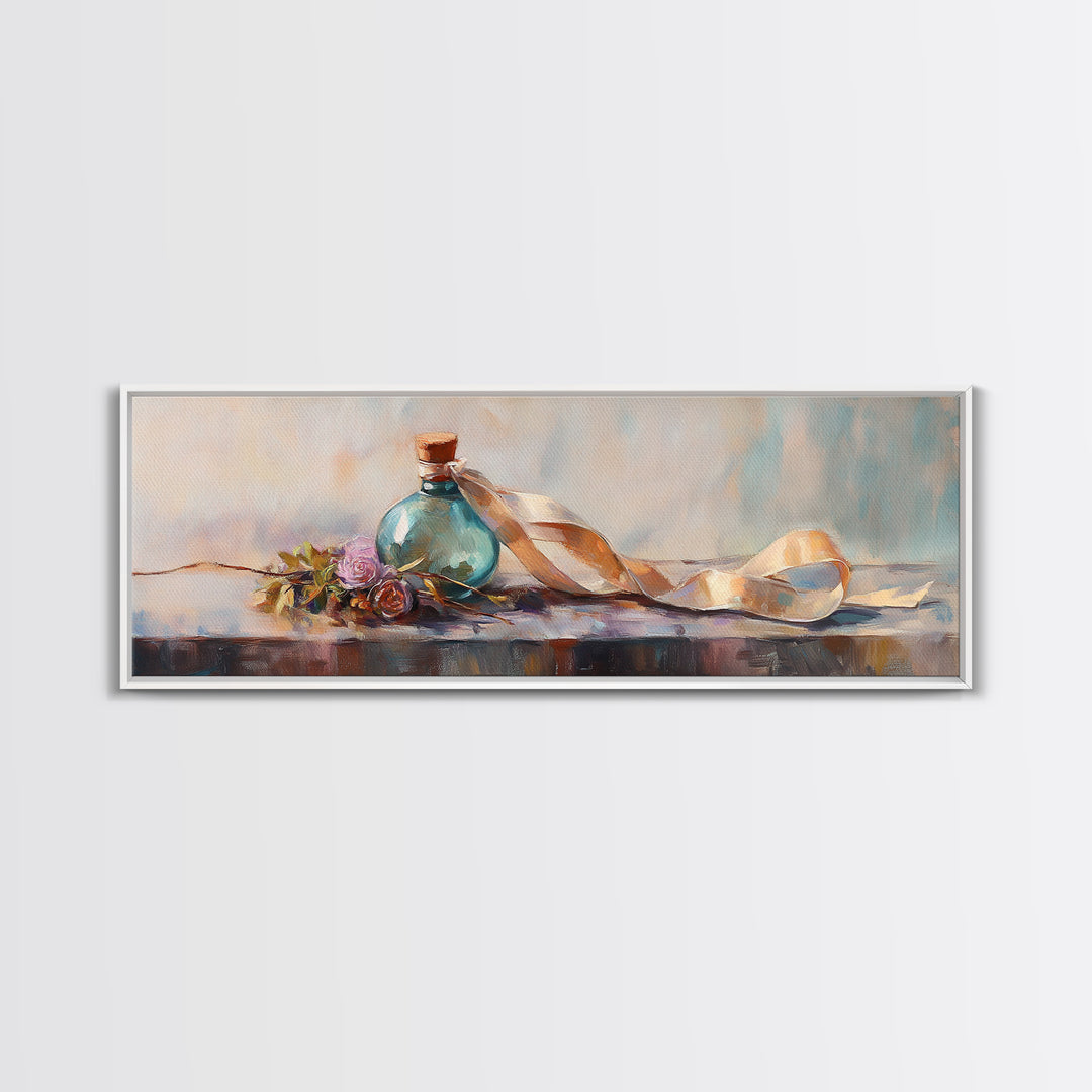 Coastal Bottle Ribbon And Shell Still Life Framed Canvas Print, Beach House Wall Art, Nautical Decor, Soft Pastel Art, Home Decor