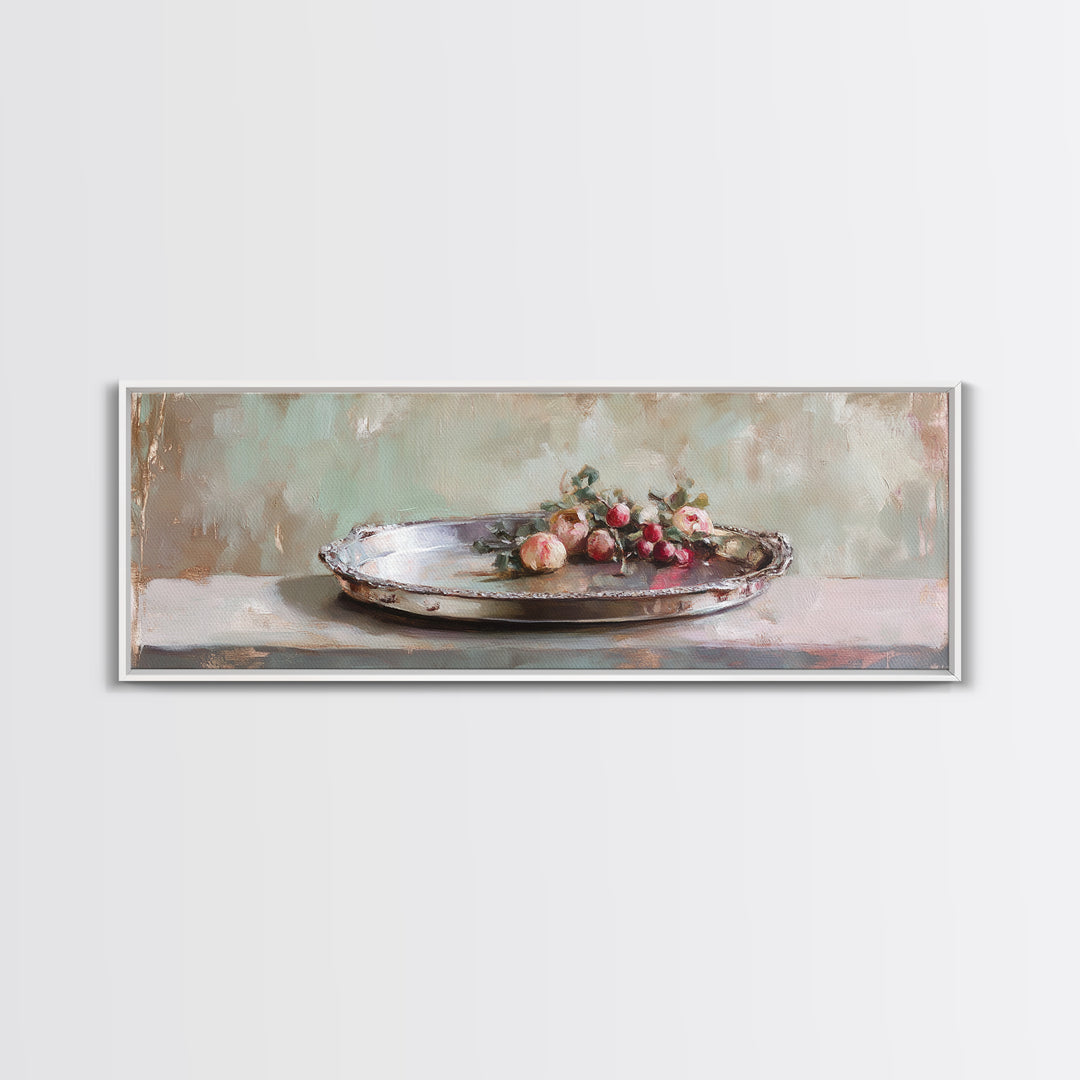 Antique Silver Tray With Red Berries Wall Art, Rustic Still Life Framed Canvas Print, Farmhouse Dining Room Decor, Kitchen Wall Decor