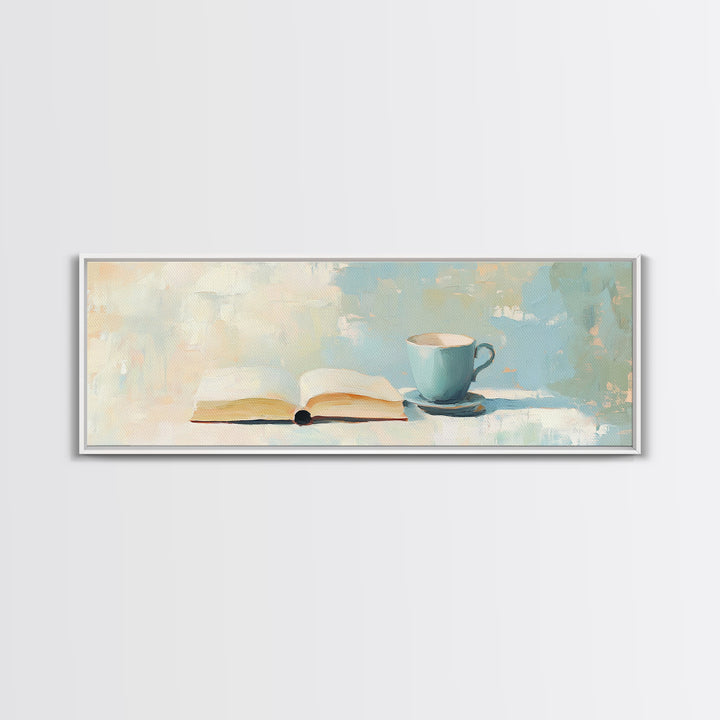 Open Book And Blue Teacup Wall Art, Cozy Reading Nook Print, Book Lover Gift, Minimalist Home Decor, Living Room Decor, Wall Decor