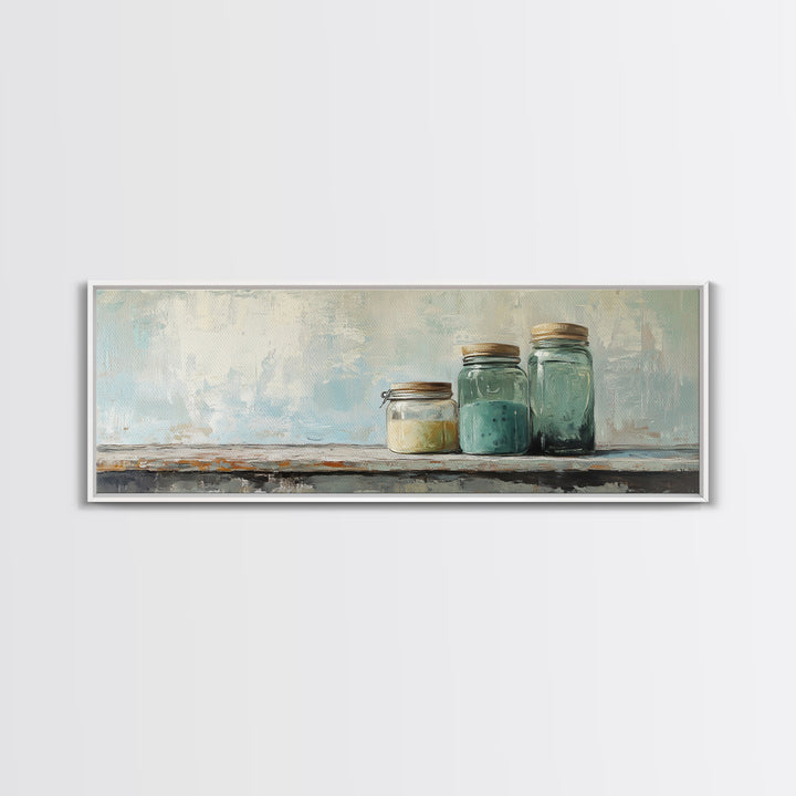 Minimalist Blue Glass Jars Canvas Print, Rustic Kitchen Wall Decor, Neutral Home Decor, Farmhouse Art, Modern Still Life Print