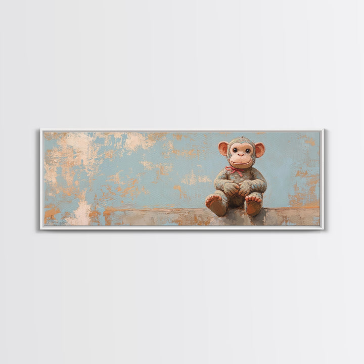 Plush Monkey Toy On Blue Nursery Wall Art, Whimsical Animal Art, Kids Room Decor, Baby Shower Gift, Cute Animal Canvas Print
