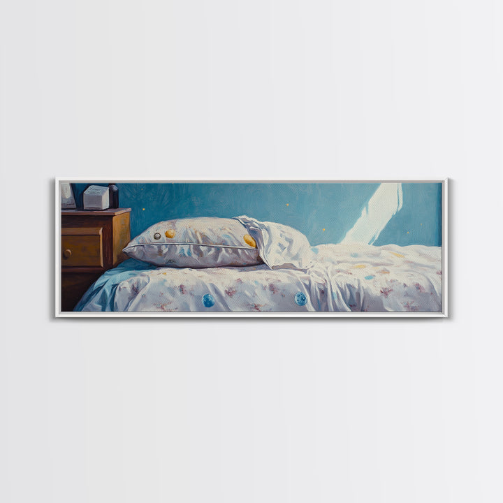 Sunlit Floral Bed With Blue Pillow Wall Art, Cozy Bedroom Decor, Guest Room Art, Above Bed Print, Romantic Canvas Print For Her