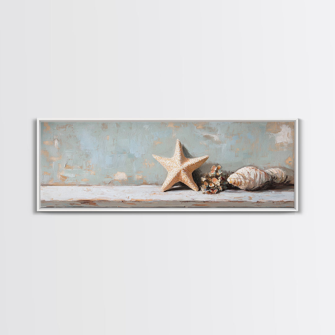 Starfish And Conch Shell Wall Art, Coastal Bathroom Decor, Beach House Canvas Print, Nautical Ocean Home Decor Housewarming Gift