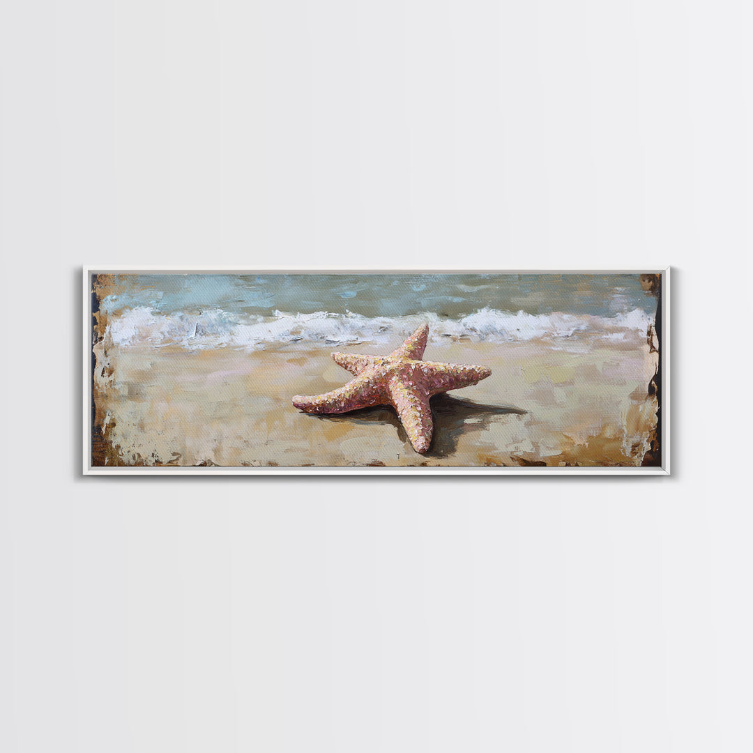 Pink Starfish On Sandy Beach Canvas Print, Coastal Wall Art, Ocean Waves Decor, Summer Beach House Bathroom Wall Decor Gift