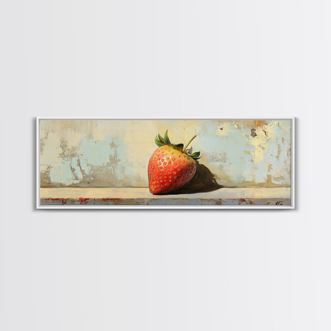 Single Strawberry Still Life Wall Art, Rustic Kitchen Decor, Fruit Art Print, Farmhouse Canvas, Dining Room Decor Gift Idea