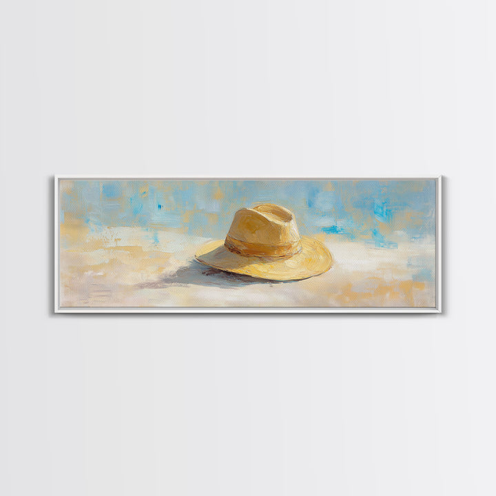 Straw Sun Hat Canvas Print, Coastal Beach Wall Art, Summer Home Decor, Minimalist Seascape, Vacation Housewarming Gift Idea