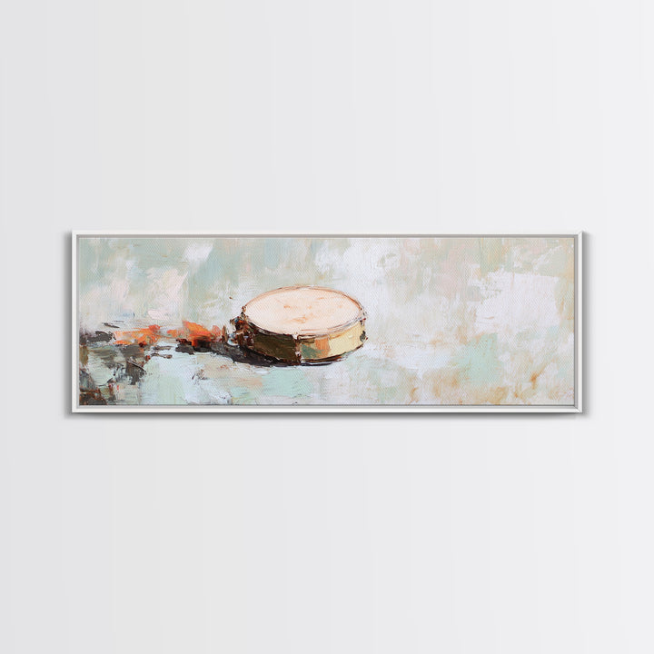 Rustic Hand Drum Framed Canvas Print, Boho Music Wall Art, Earth Tone Instrument Decor, Textured Contemporary Painting Print