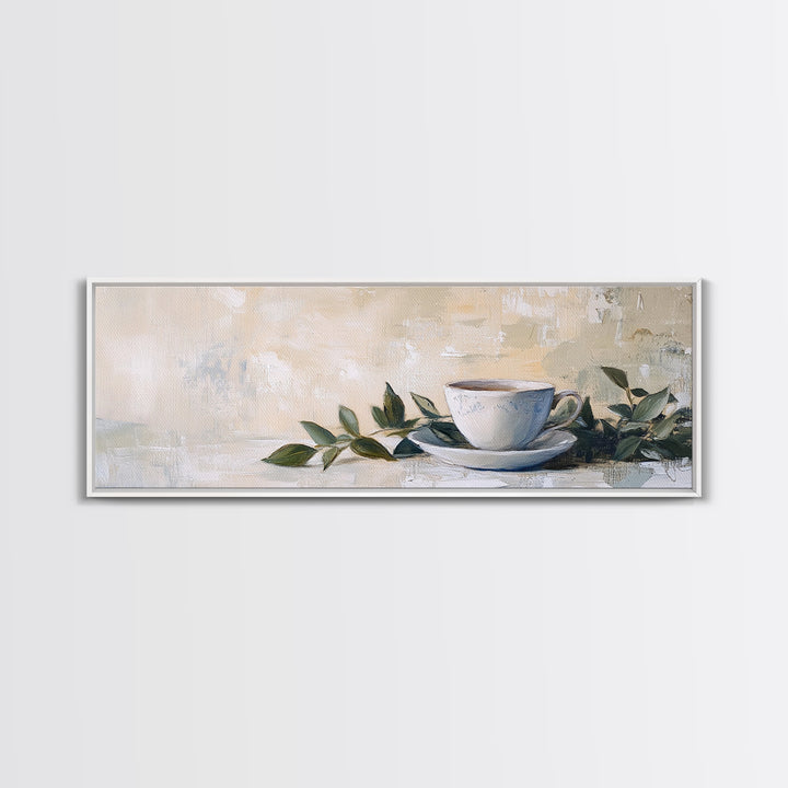 White Teacup With Green Leaves Canvas Print, Neutral Kitchen Wall Art, Rustic Home Decor, Cozy Cafe Art, Housewarming Gift