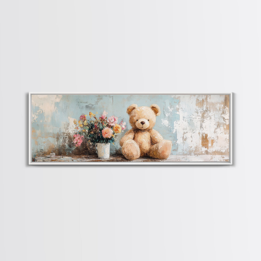 Teddy Bear With Flower Vase Canvas Print, Nursery Wall Art, Whimsical Kids Room Decor, Baby Shower Gift, Cute Animal Art