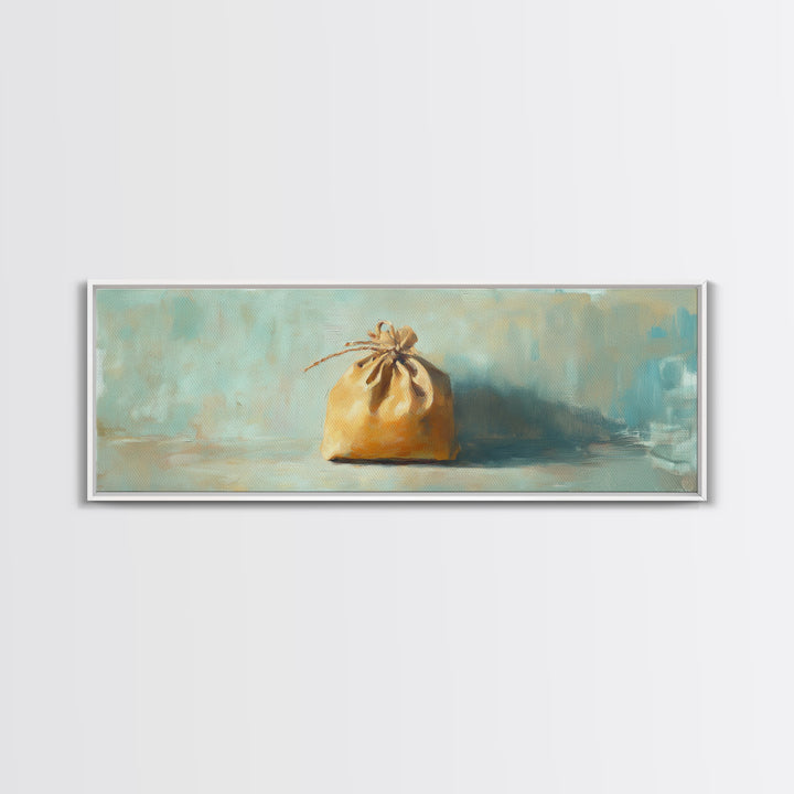 Small Burlap Drawstring Bag Canvas Print, Minimalist Wall Art, Rustic Home Decor, Neutral Still Life, Cozy Farmhouse Kitchen Art