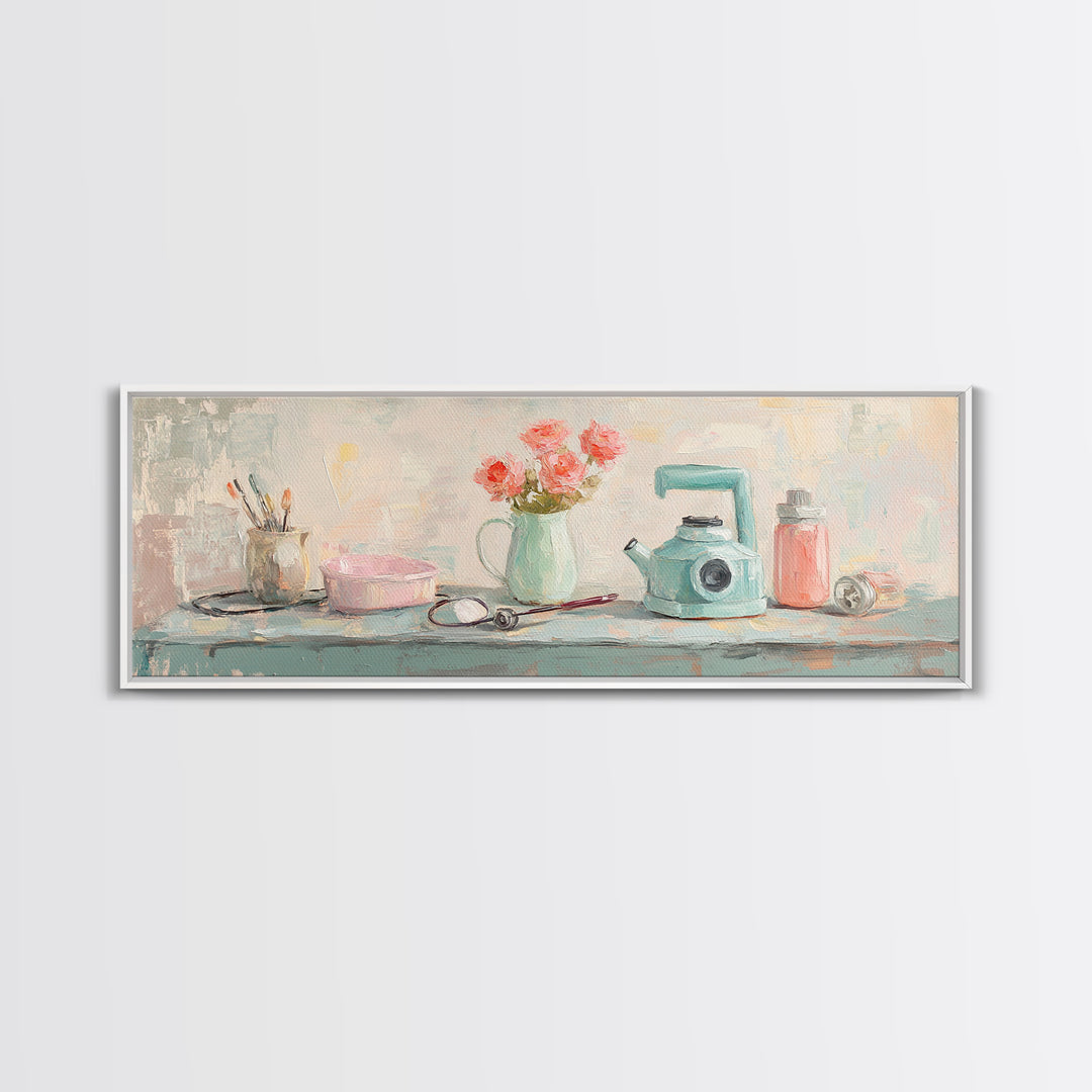 Pastel Vanity Shelf With Flowers Framed Canvas Print, Feminine Bathroom Wall Art, Beauty Room Decor, Gift For Her, Girly Decor