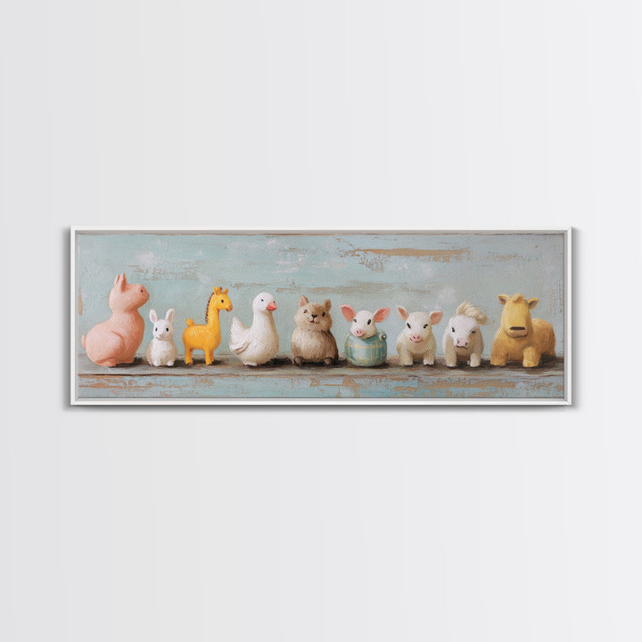 Cute Toy Animal Lineup Canvas Print, Whimsical Nursery Wall Art, Kids Room Decor, Playroom Art, Baby Animal Gift For Her