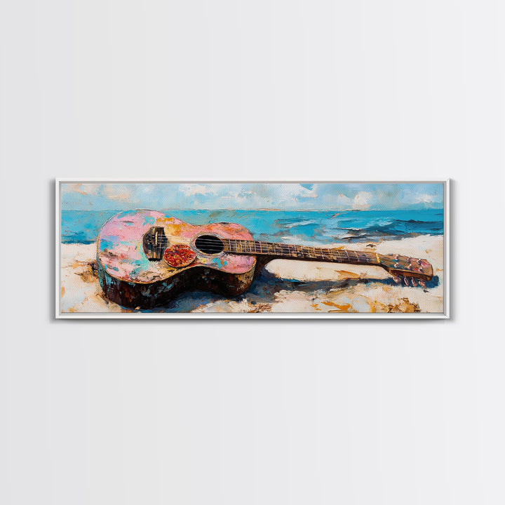 Weathered Acoustic Guitar On Beach Canvas Print, Coastal Wall Art, Music Room Decor, Ocean Art Print, Gift For Guitar Lover