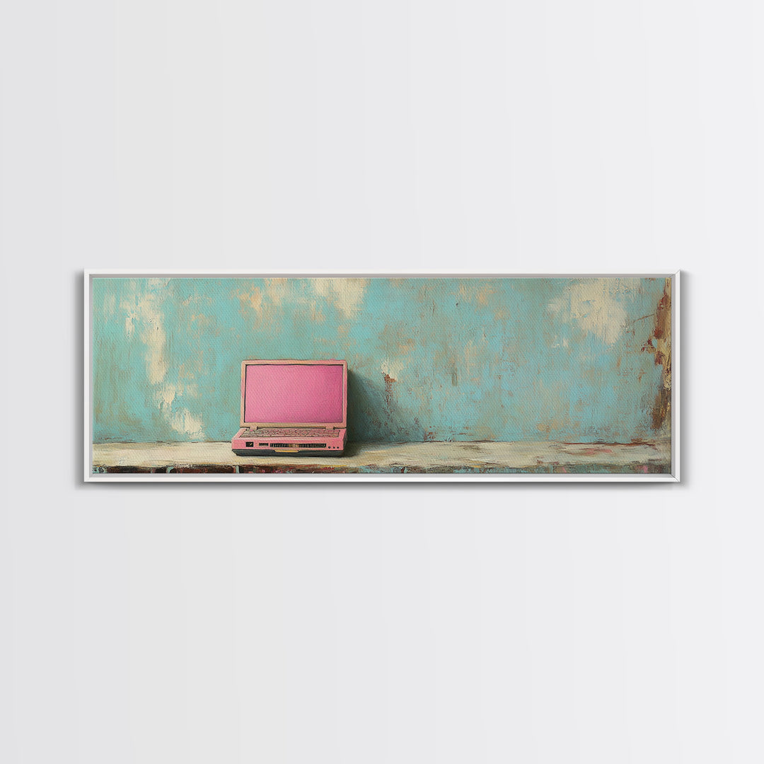 Pink Retro Laptop On Teal Shelf Wall Art, Minimalist Office Decor, Tech Art Print, Dorm Room Decor, Modern Wall Decor Gift
