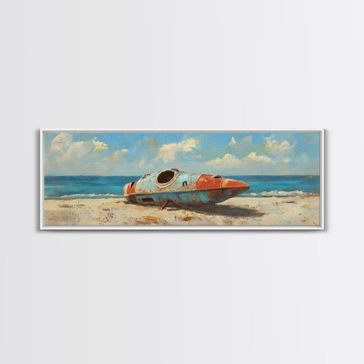 Retro Space Capsule On Beach Canvas Print, Coastal Sci Fi Wall Decor, Space Wall Art, Ocean Decor, Gift For Him, Beach House Decor