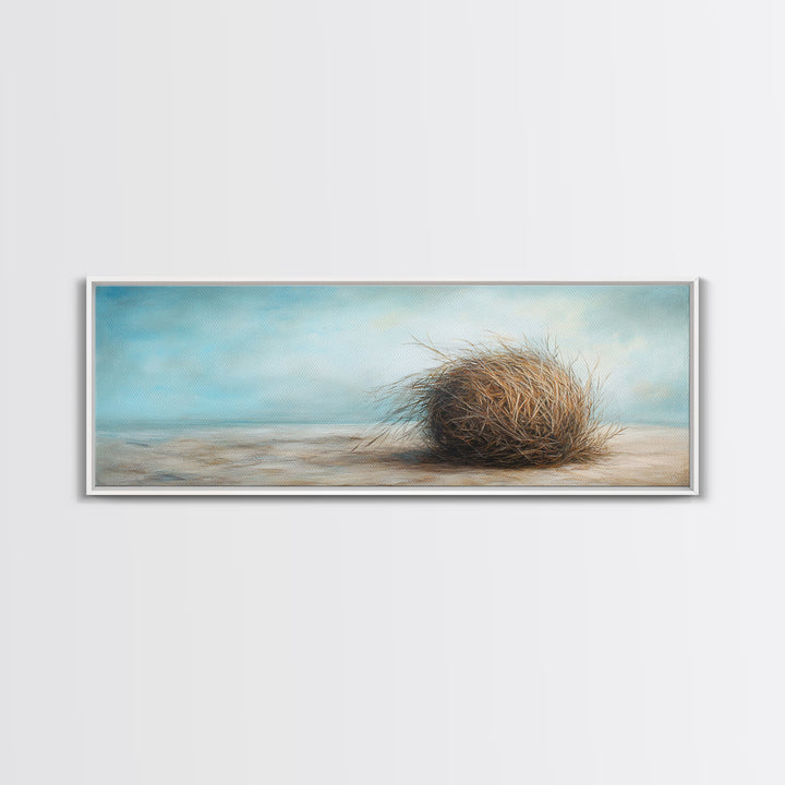 Coastal Tumbleweed On Sandy Shore Canvas Print, Neutral Beach Wall Art, Seascape Decor, Calm Ocean Landscape Painting Gift