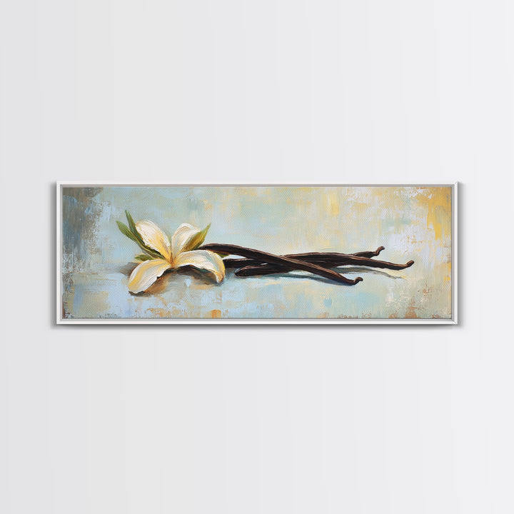 Vanilla Blossom And Bean Pods Framed Canvas Print, Kitchen Wall Art, Botanical Decor, Minimalist Food Art Print Gift For Her