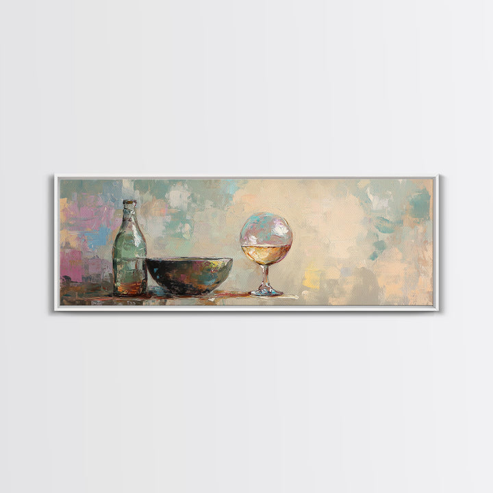 Bottle Bowl And Wine Glass Still Life Canvas Print, Modern Kitchen Wall Art, Dining Room Decor, Neutral Home Decor Gift For Her