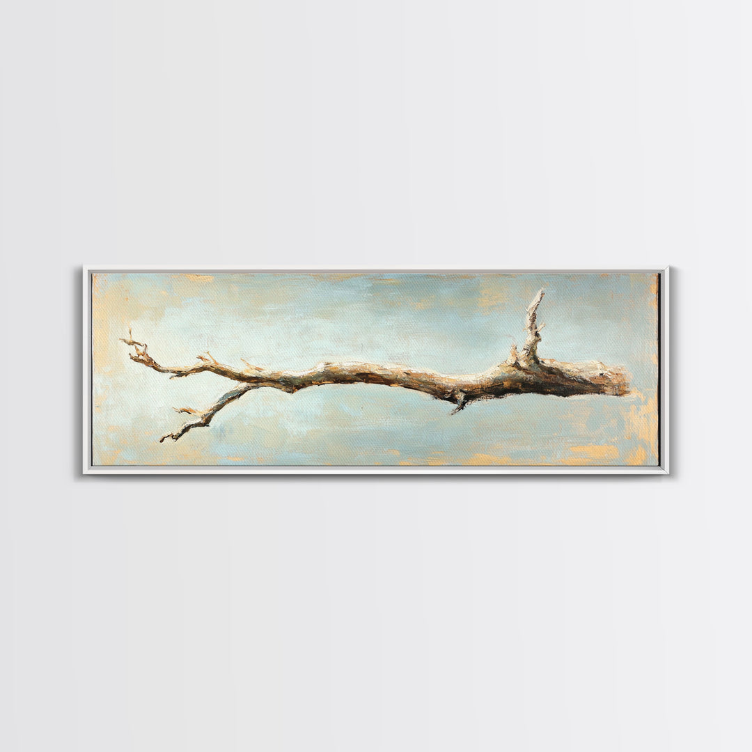 Bleached Driftwood Branch Framed Canvas Print, Rustic Coastal Wall Art, Minimalist Beach House Decor, Long Horizontal Art