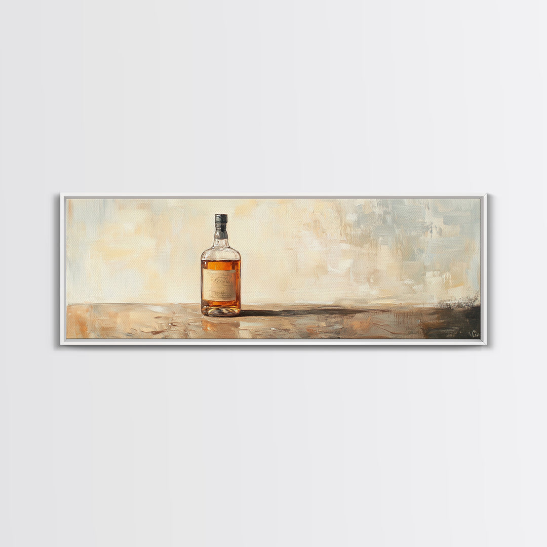 Amber Whiskey Bottle Still Life Framed Canvas Print, Bar Wall Art, Rustic Home Bar Decor, Masculine Man Cave Whiskey Lover Gift