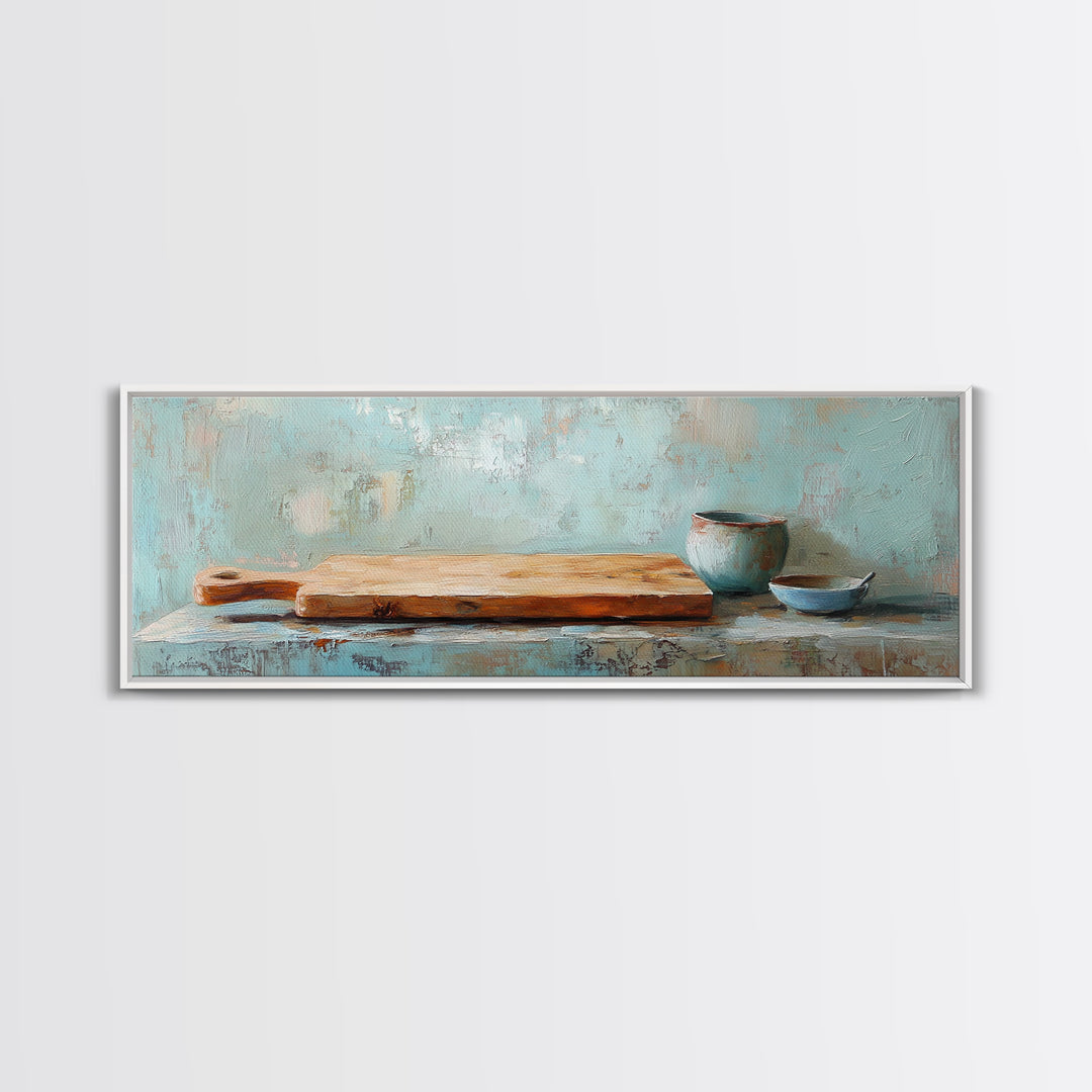 Wooden Cutting Board And Blue Pottery Wall Art, Rustic Kitchen Decor, Farmhouse Art Print, Still Life Painting, Home Decor