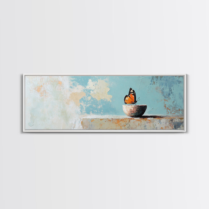 Orange Butterfly In Small Bowl Canvas Print, Blue Abstract Wall Art, Whimsical Animal Art, Modern Kitchen Decor Gift For Her