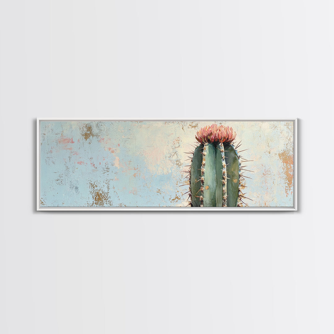 Tall Flowering Cactus Canvas Print, Minimalist Desert Wall Art, Southwestern Botanical Home Decor, Pink Cactus Gift For Her