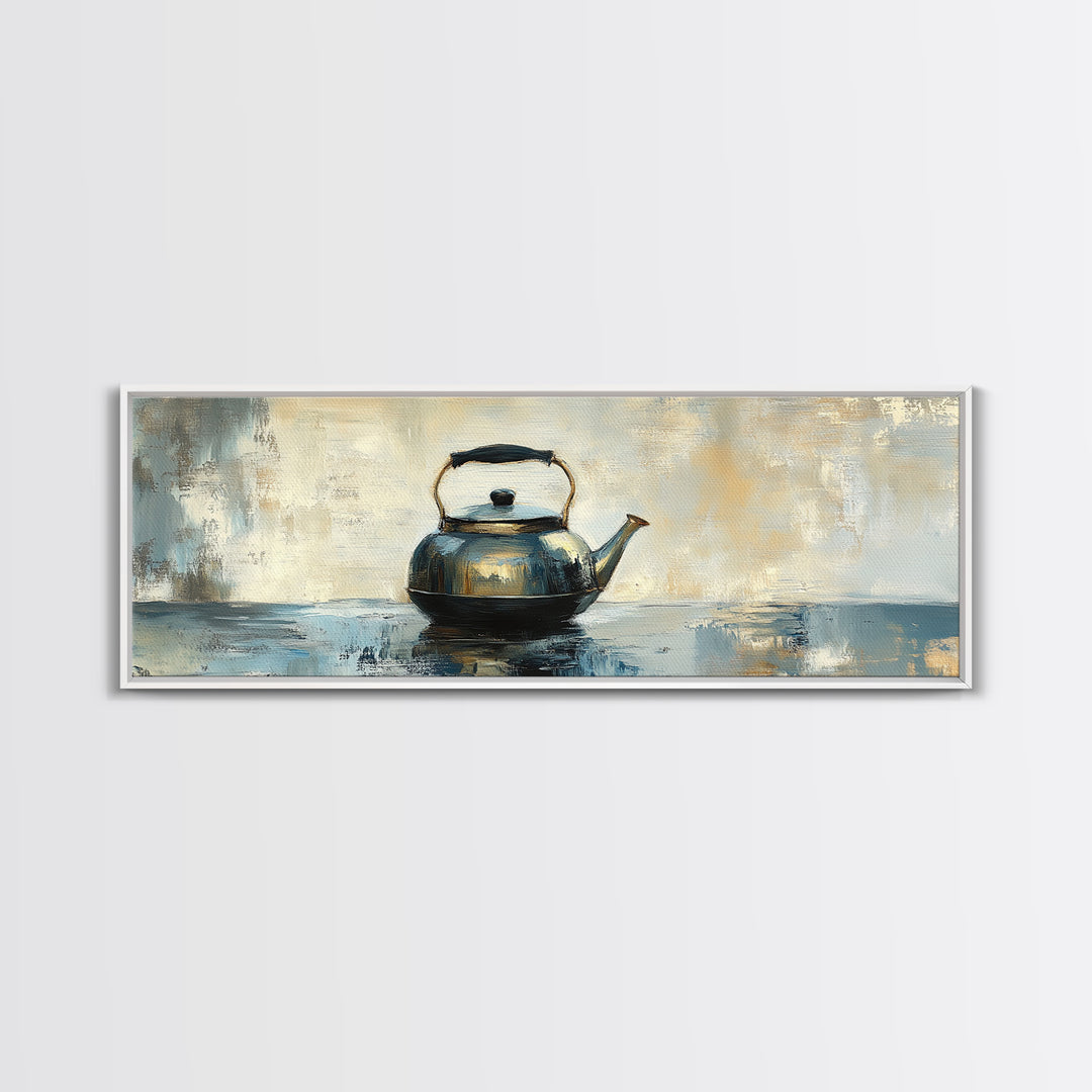 Black Tea Kettle Still Life Canvas Print, Rustic Kitchen Wall Art, Farmhouse Home Decor, Cozy Coffee Bar Gift For Tea Lovers