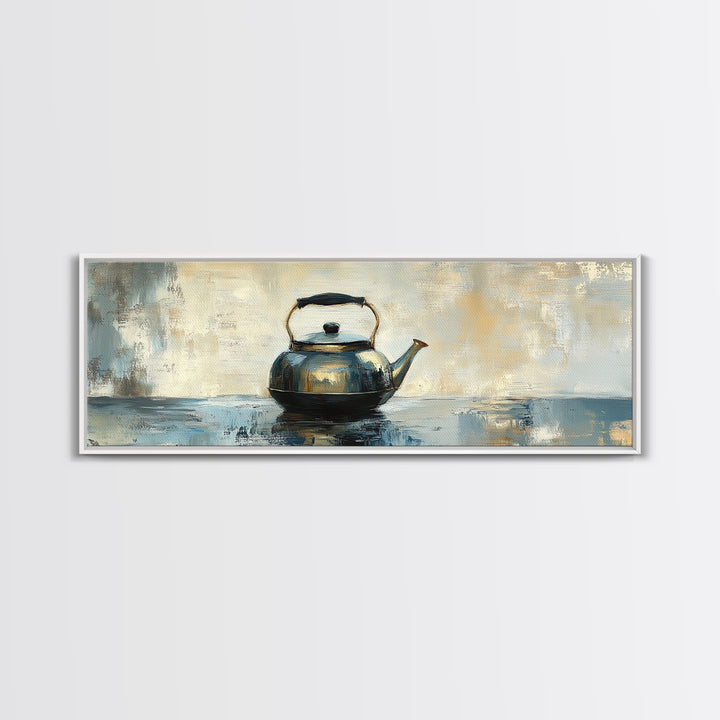 Black Tea Kettle Still Life Canvas Print, Rustic Kitchen Wall Art, Farmhouse Home Decor, Cozy Coffee Bar Gift For Tea Lovers